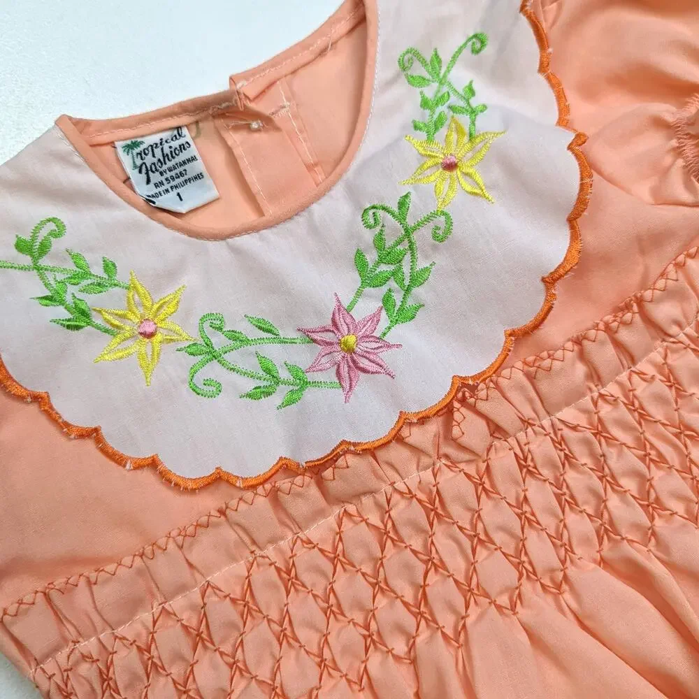 Vintage Tropical Fashions Dress Baby Girls Sz 12m Orange Peach Smocked Boho